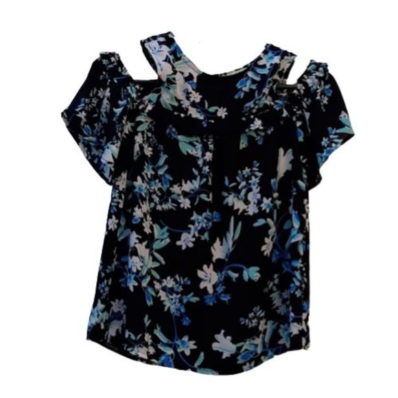 Lily White Cold Shoulder Floral Chiffon Blouse Size XS - Picture 2 of 5